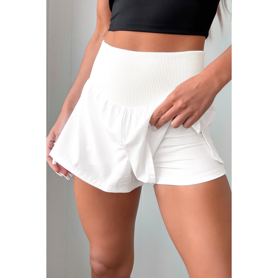 White Solid Color Ribbed Patchwork High Waist Athletic Shorts White / S / 92% Polyester + 8% Elastane Bottoms/Casual Shorts