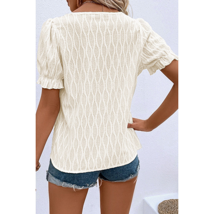 White Solid Color Textured Notched Neck Puff Sleeve Blouse Tops/Blouses & Shirts