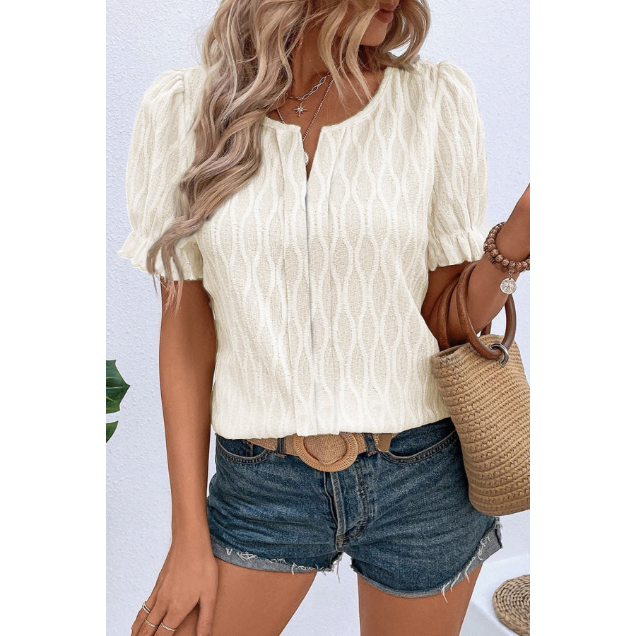 White Solid Color Textured Notched Neck Puff Sleeve Blouse Tops/Blouses & Shirts