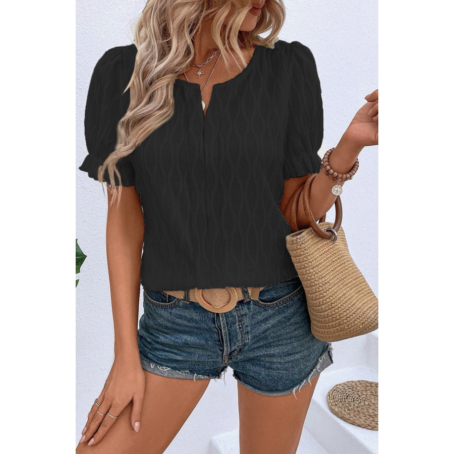 White Solid Color Textured Notched Neck Puff Sleeve Blouse Tops/Blouses & Shirts