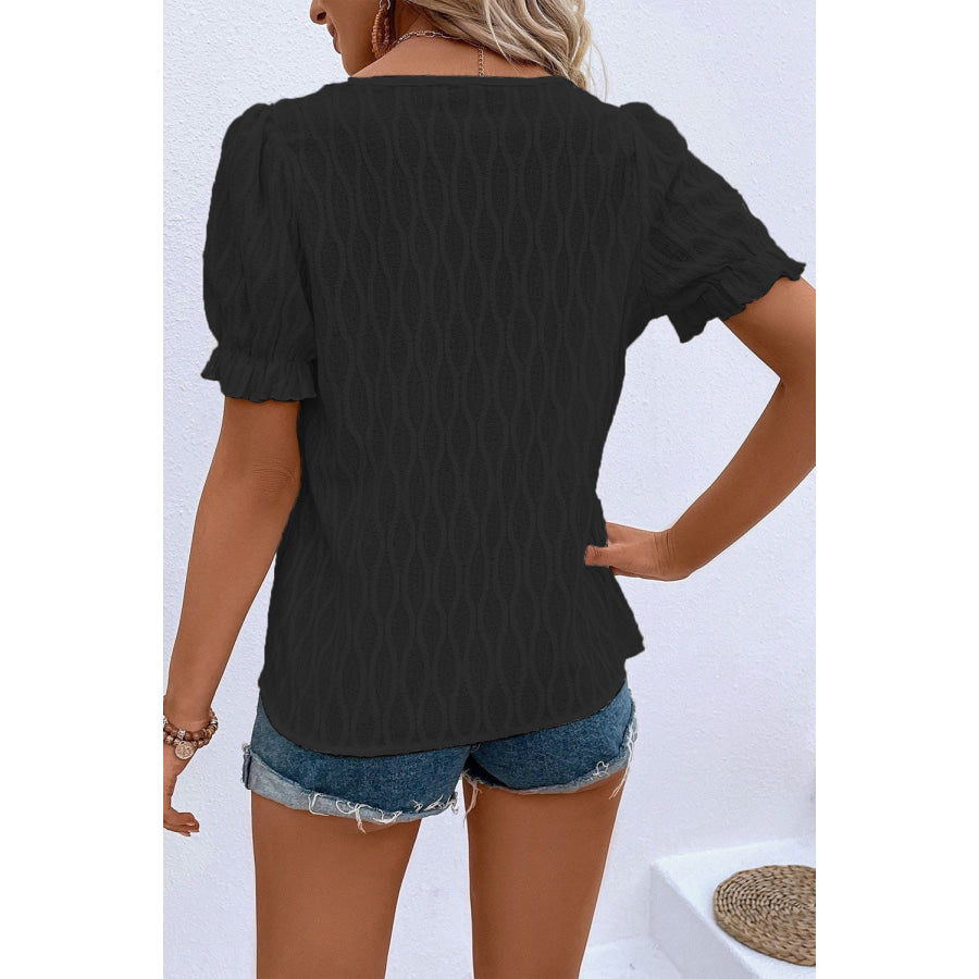 White Solid Color Textured Notched Neck Puff Sleeve Blouse Tops/Blouses & Shirts