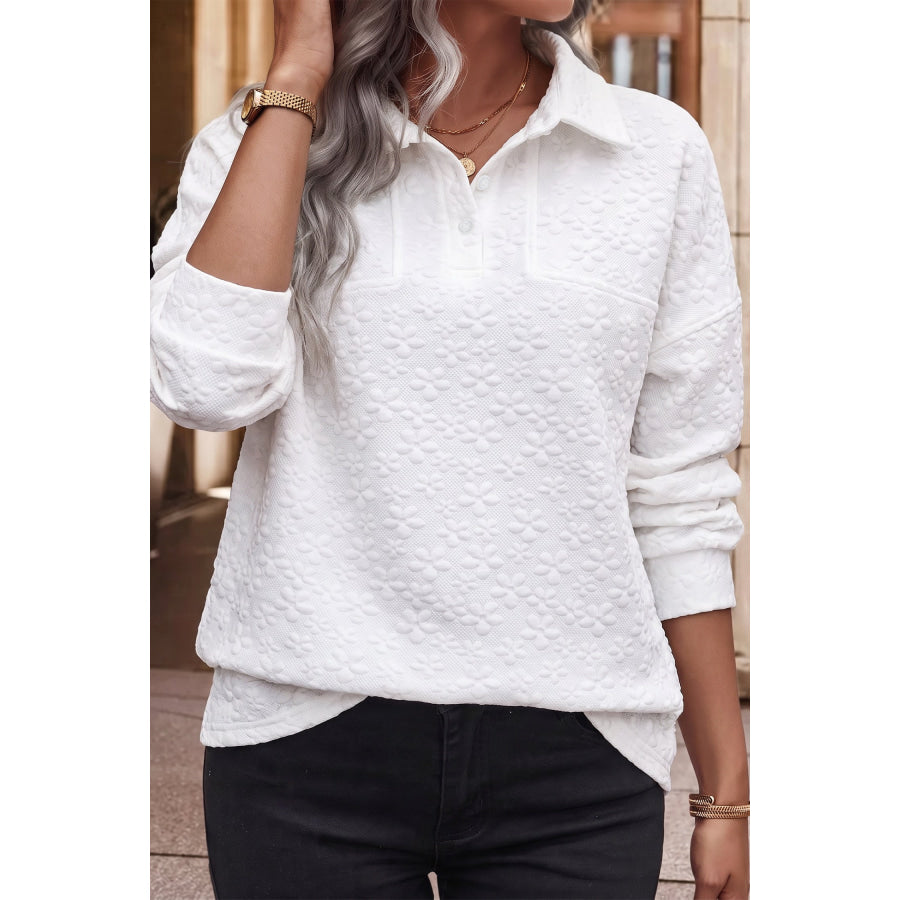White Solid Color Textured Relaxed Button Collar Pullover Sweatshirt / S / 97% Polyester + 3% Elastane Tops/Sweatshirts & Hoodies