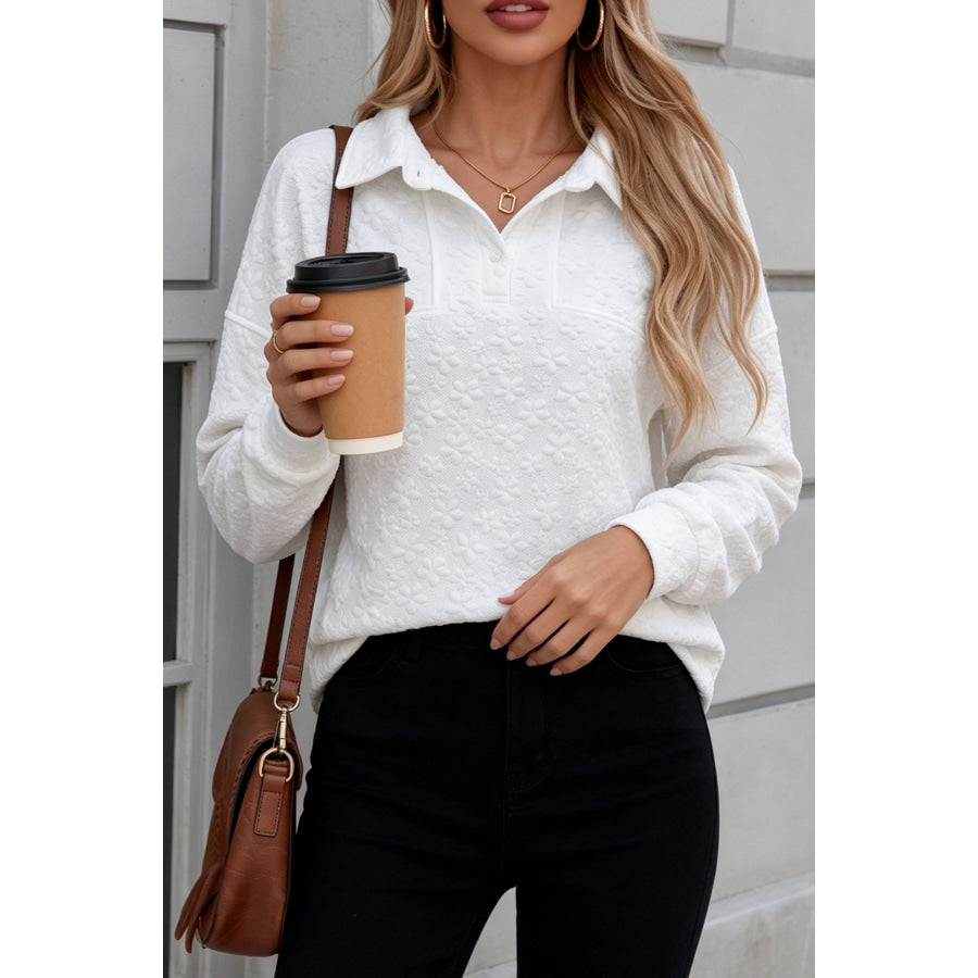 White Solid Color Textured Relaxed Button Collar Pullover Sweatshirt Tops/Sweatshirts & Hoodies