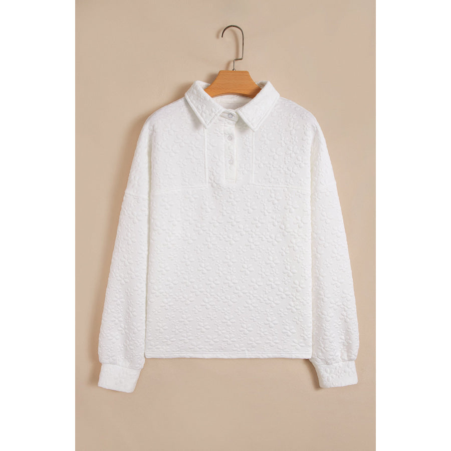 White Solid Color Textured Relaxed Button Collar Pullover Sweatshirt Tops/Sweatshirts & Hoodies
