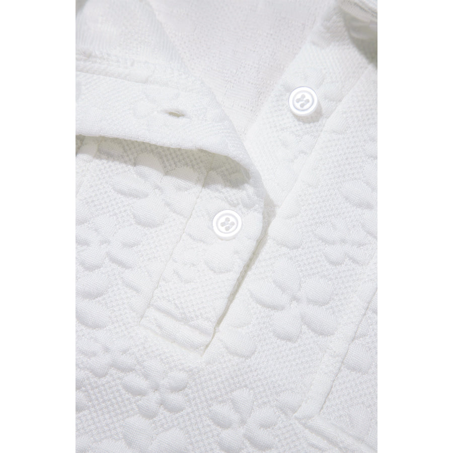 White Solid Color Textured Relaxed Button Collar Pullover Sweatshirt Tops/Sweatshirts & Hoodies