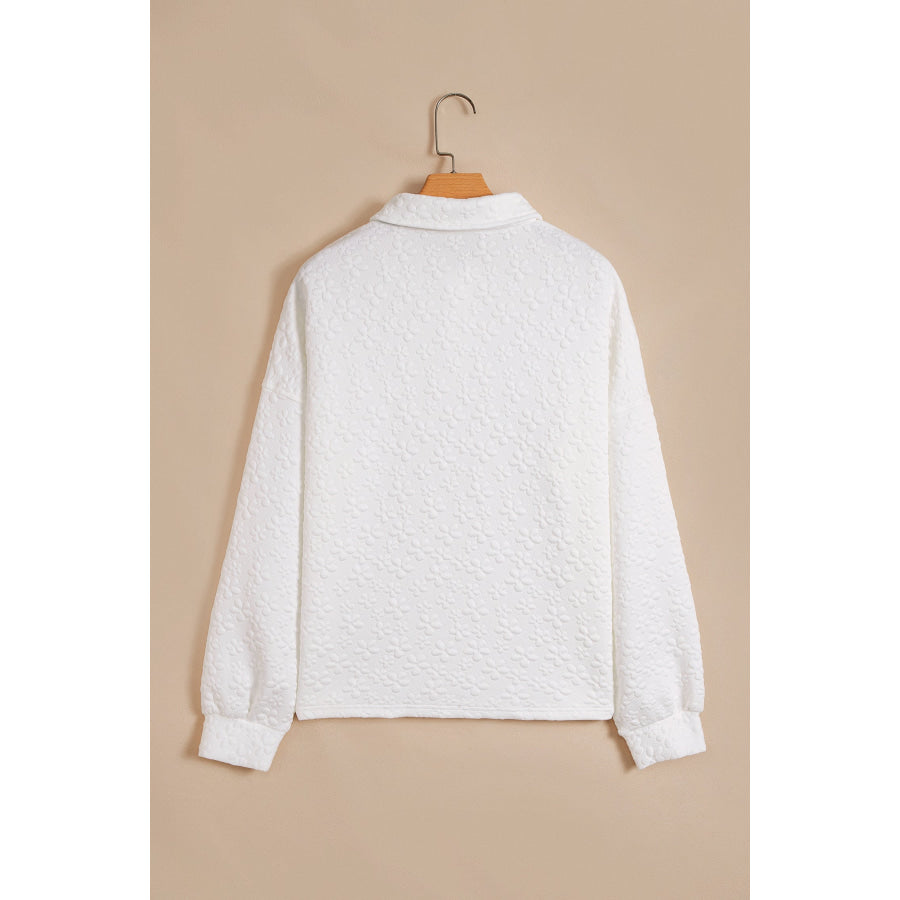 White Solid Color Textured Relaxed Button Collar Pullover Sweatshirt Tops/Sweatshirts & Hoodies