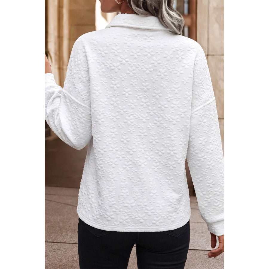 White Solid Color Textured Relaxed Button Collar Pullover Sweatshirt / S / 97% Polyester + 3% Elastane Tops/Sweatshirts & Hoodies