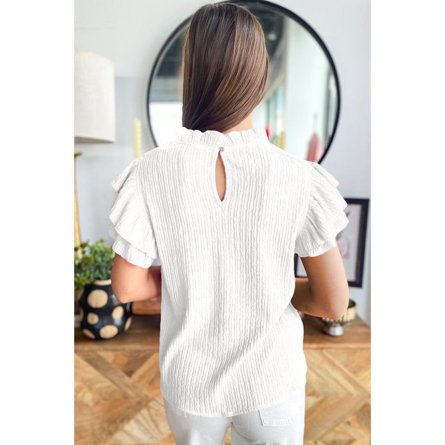 White Solid Color Textured Ruffle Trim Short Sleeve Blouse White / S / 92% Polyester + 8% Elastane Tops/Blouses & Shirts