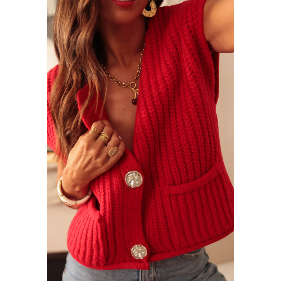 White Solid Textured Knit Side Pockets Buttoned Sweater Vest Fiery Red / S / 100% Acrylic Sweaters &amp; Cardigans/Sweater Vests