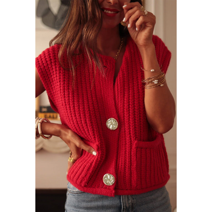 White Solid Textured Knit Side Pockets Buttoned Sweater Vest Sweaters &amp; Cardigans/Sweater Vests