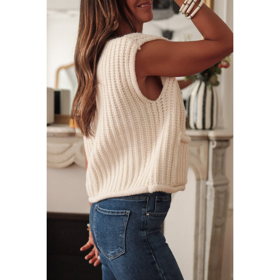 White Solid Textured Knit Side Pockets Buttoned Sweater Vest White / S / 100% Acrylic Sweaters & Cardigans/Sweater Vests