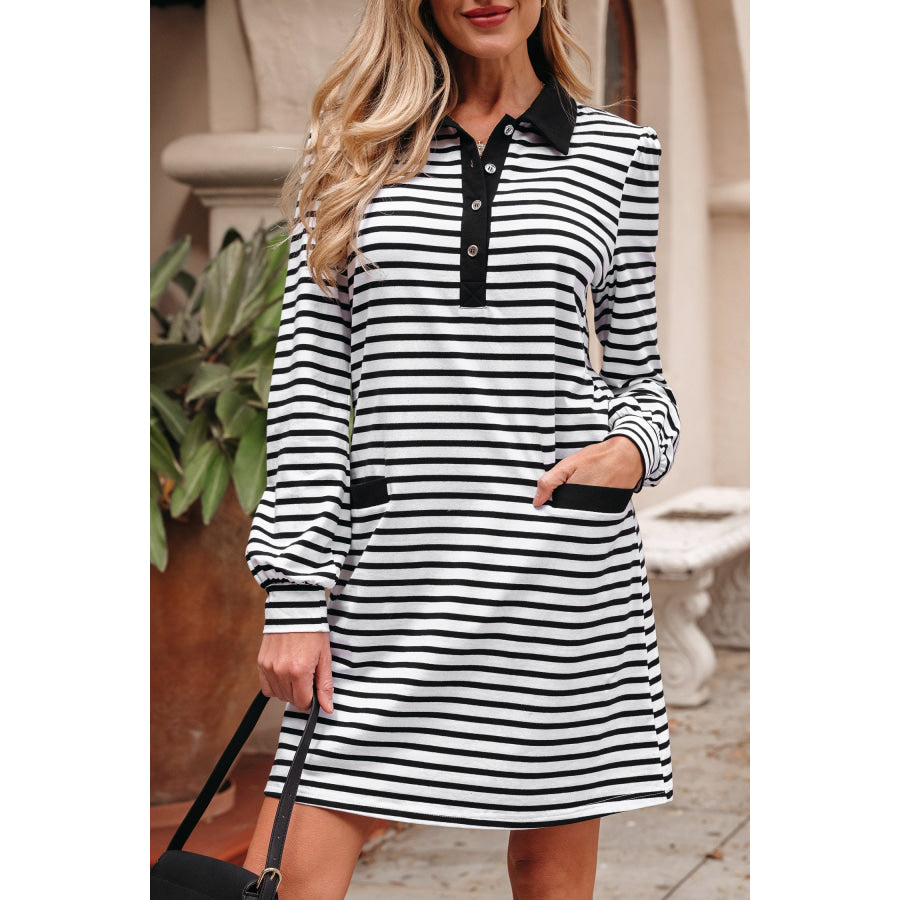 White Stripe Buttoned Front Collared Long Sleeve T Shirt Dress with Pockets Dresses/Mini Dresses