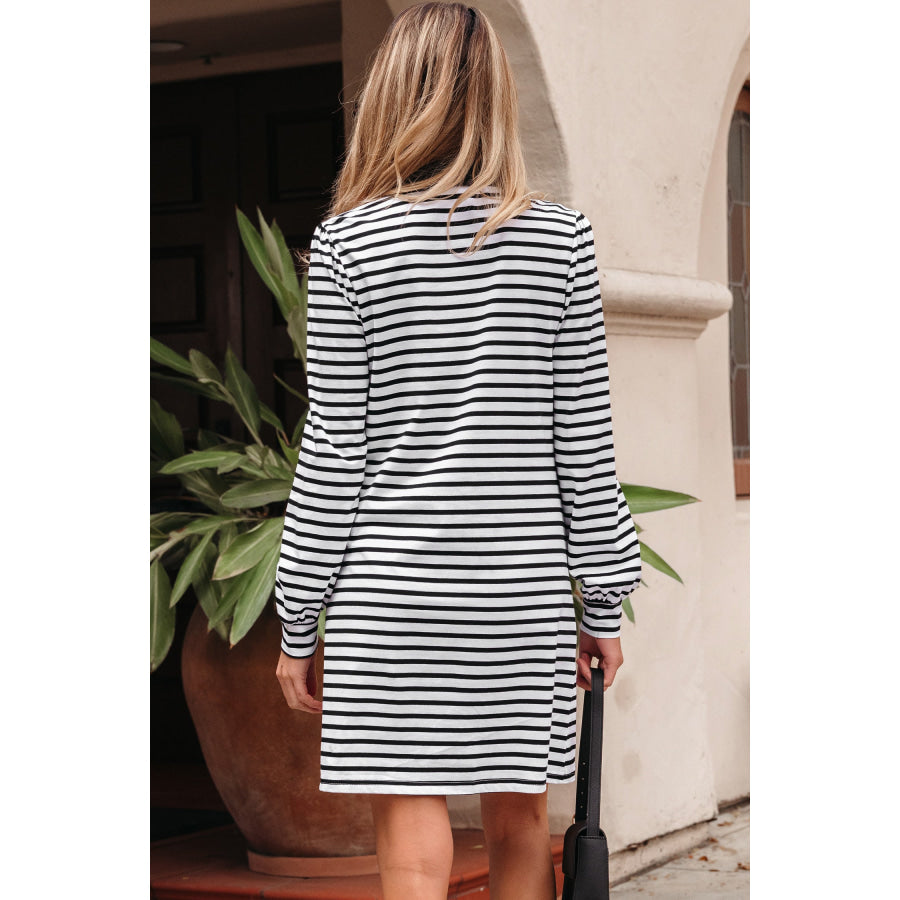 White Stripe Buttoned Front Collared Long Sleeve T Shirt Dress with Pockets Dresses/Mini Dresses
