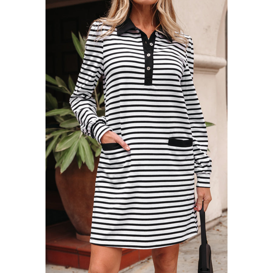 White Stripe Buttoned Front Collared Long Sleeve T Shirt Dress with Pockets Dresses/Mini Dresses