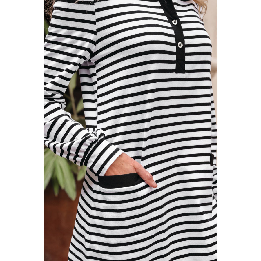White Stripe Buttoned Front Collared Long Sleeve T Shirt Dress with Pockets Dresses/Mini Dresses