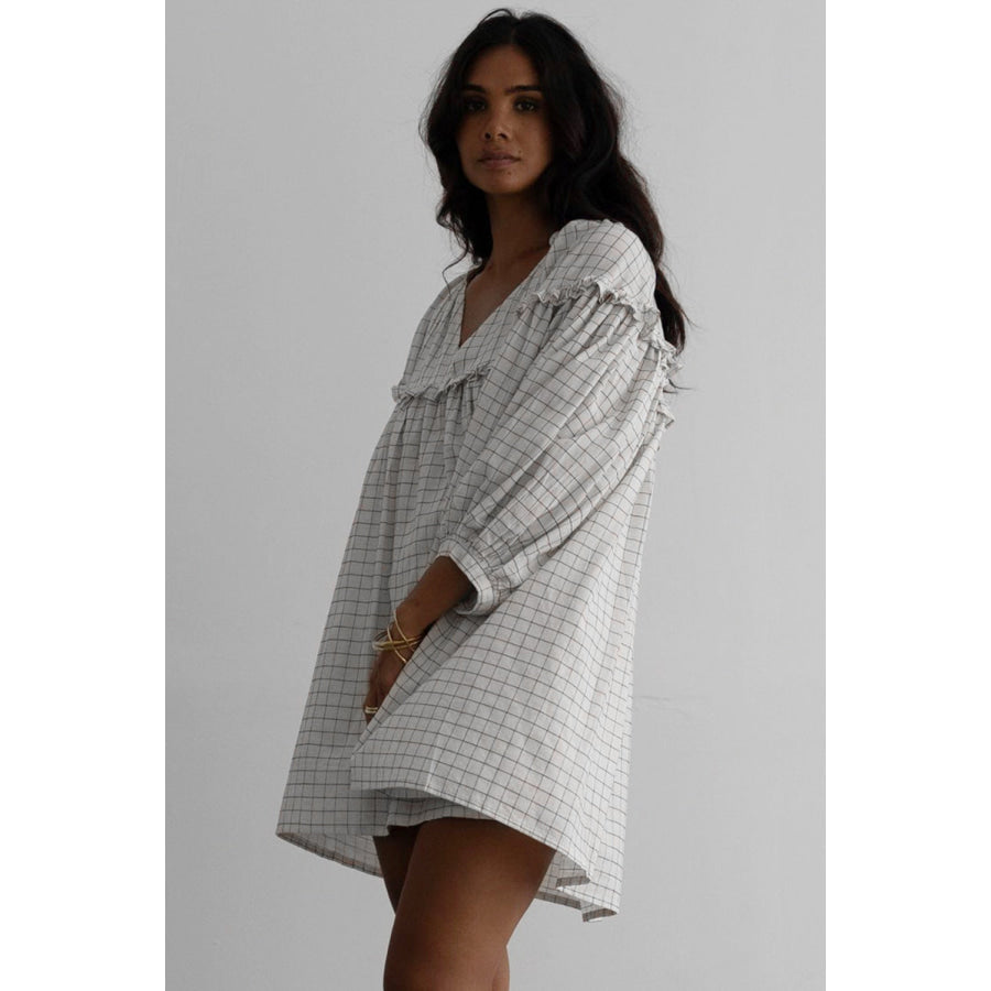 White Stripe Checkered Frilled V Neck Bracelet Sleeve Babydoll Dress Dresses/Mini Dresses