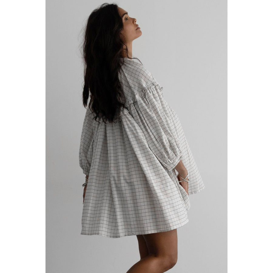 White Stripe Checkered Frilled V Neck Bracelet Sleeve Babydoll Dress Dresses/Mini Dresses