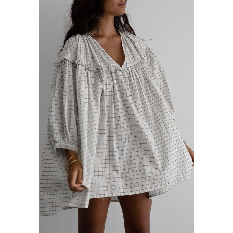 White Stripe Checkered Frilled V Neck Bracelet Sleeve Babydoll Dress White Stripe / S / 60% Cotton + 40% Viscose Dresses/Mini Dresses