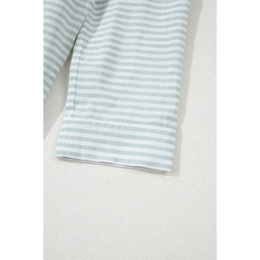 White Stripe Collared V Neck Chest Pocket Long Sleeve Beach Cover up Swimwear/Beach Cover-ups