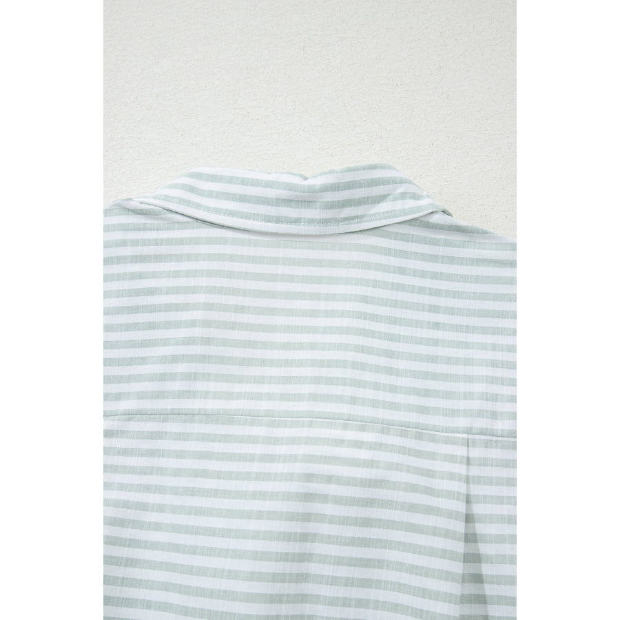 White Stripe Collared V Neck Chest Pocket Long Sleeve Beach Cover up Swimwear/Beach Cover-ups
