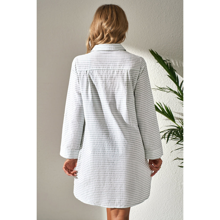 White Stripe Collared V Neck Chest Pocket Long Sleeve Beach Cover up Swimwear/Beach Cover-ups