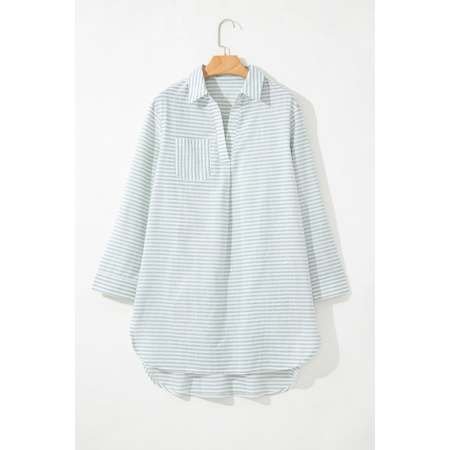 White Stripe Collared V Neck Chest Pocket Long Sleeve Beach Cover up Swimwear/Beach Cover-ups