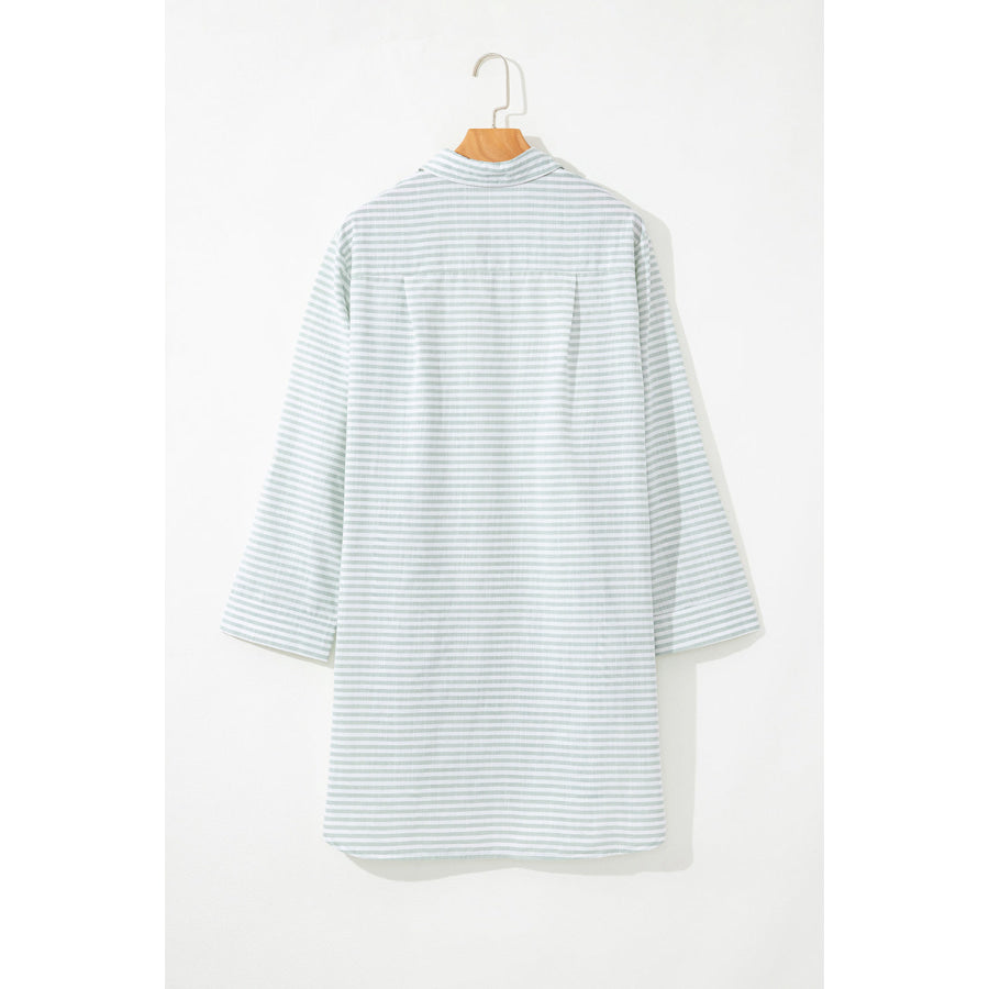 White Stripe Collared V Neck Chest Pocket Long Sleeve Beach Cover up Swimwear/Beach Cover-ups