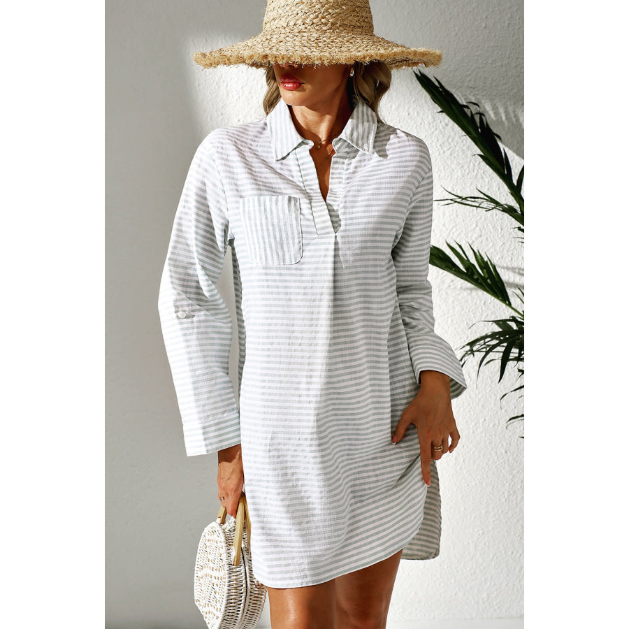White Stripe Collared V Neck Chest Pocket Long Sleeve Beach Cover up Swimwear/Beach Cover-ups