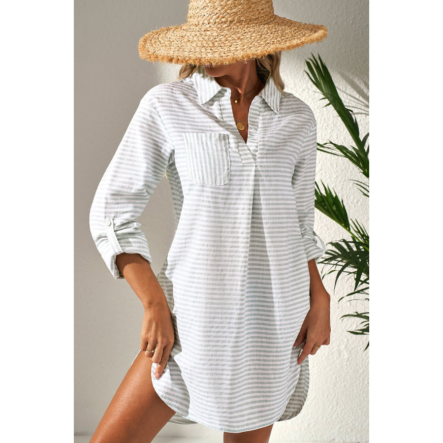 White Stripe Collared V Neck Chest Pocket Long Sleeve Beach Cover up Swimwear/Beach Cover-ups