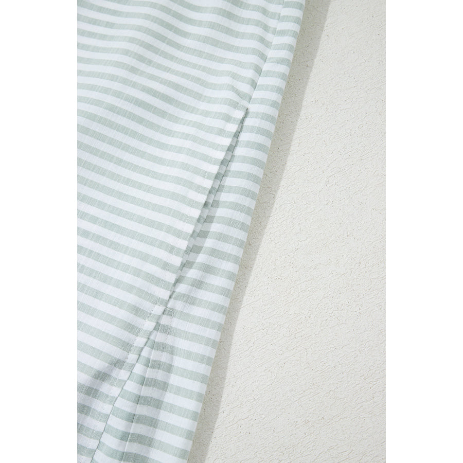 White Stripe Collared V Neck Chest Pocket Long Sleeve Beach Cover up Swimwear/Beach Cover-ups