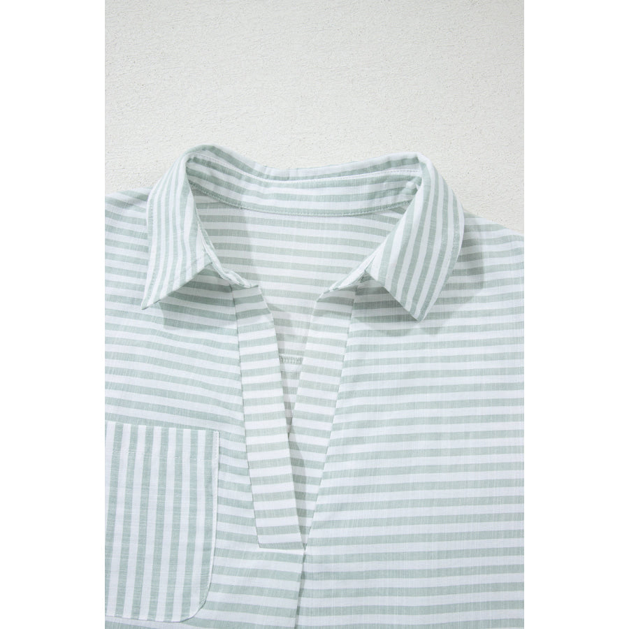 White Stripe Collared V Neck Chest Pocket Long Sleeve Beach Cover up Swimwear/Beach Cover-ups