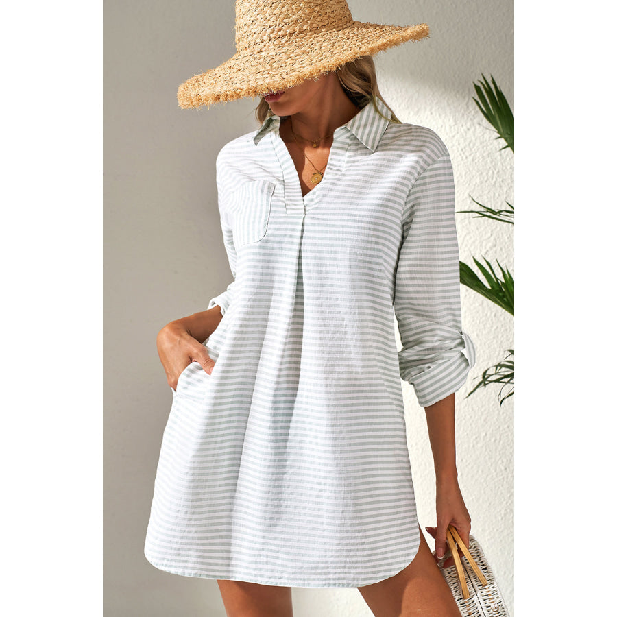 White Stripe Collared V Neck Chest Pocket Long Sleeve Beach Cover up Swimwear/Beach Cover-ups