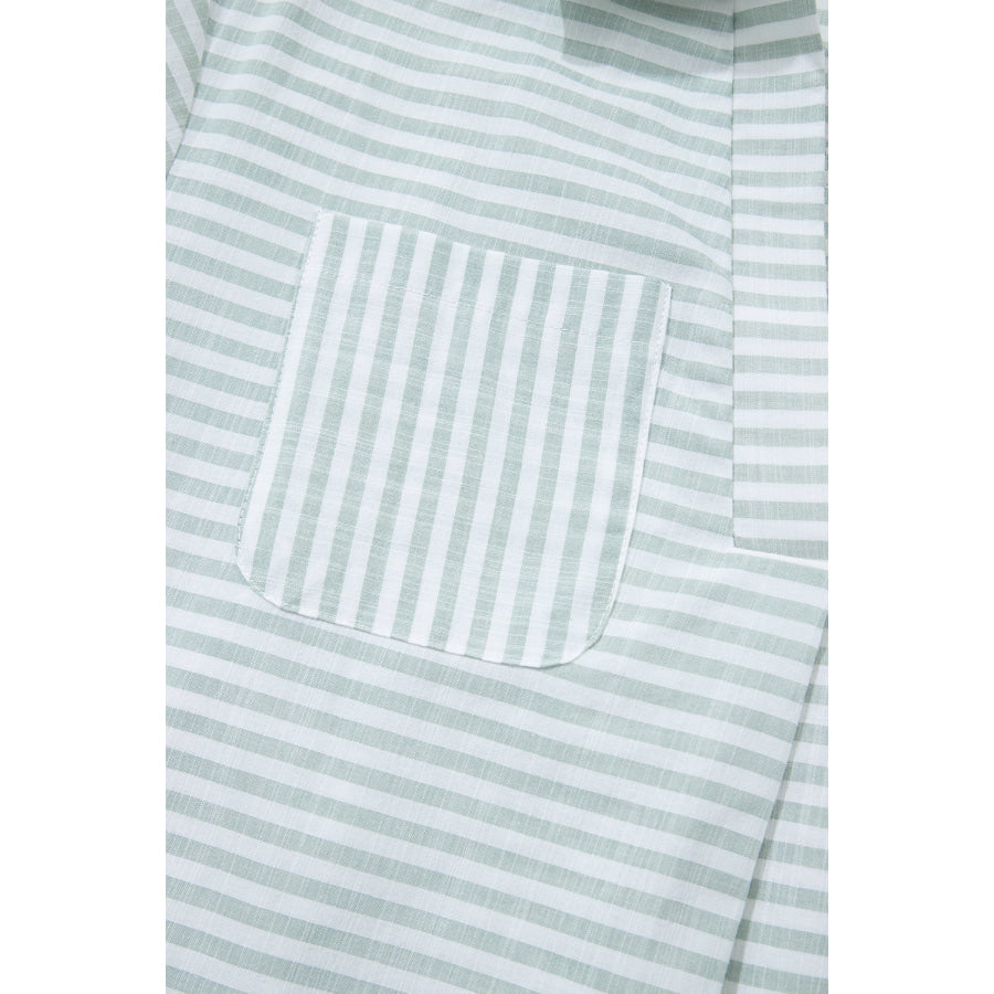 White Stripe Collared V Neck Chest Pocket Long Sleeve Beach Cover up Swimwear/Beach Cover-ups