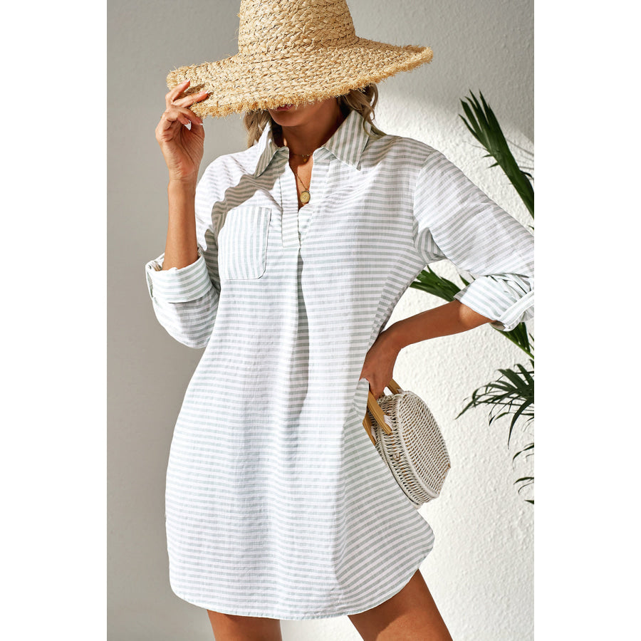 White Stripe Collared V Neck Chest Pocket Long Sleeve Beach Cover up Swimwear/Beach Cover-ups