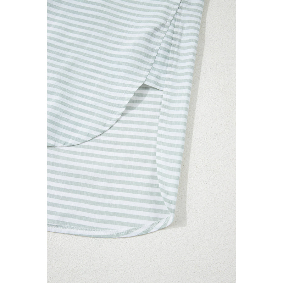 White Stripe Collared V Neck Chest Pocket Long Sleeve Beach Cover up Swimwear/Beach Cover-ups