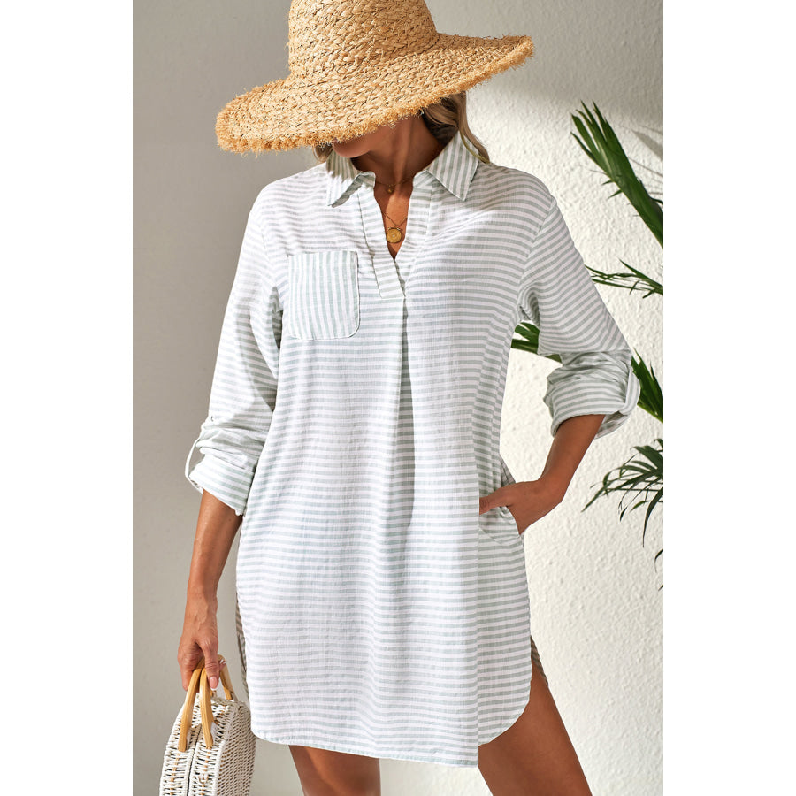 White Stripe Collared V Neck Chest Pocket Long Sleeve Beach Cover up Swimwear/Beach Cover-ups