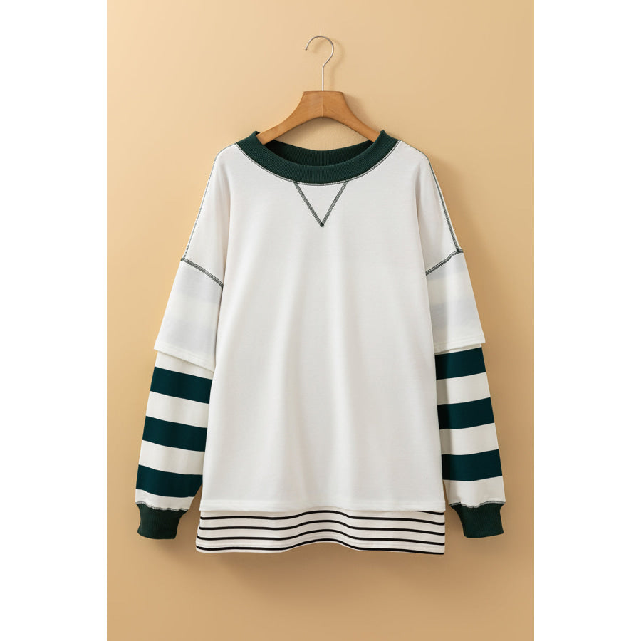 White Stripe Colorblock Sleeve Exposed Seam Fake-2-Piece Sweatshirt Tops/Sweatshirts & Hoodies