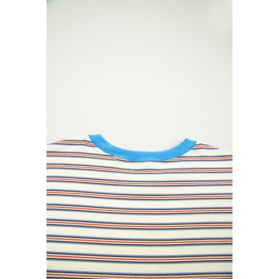 White Stripe Drop Shoulder Cuffed Sleeve Loose Tunic T Shirt Mini Dress Dresses/T Shirt Dresses