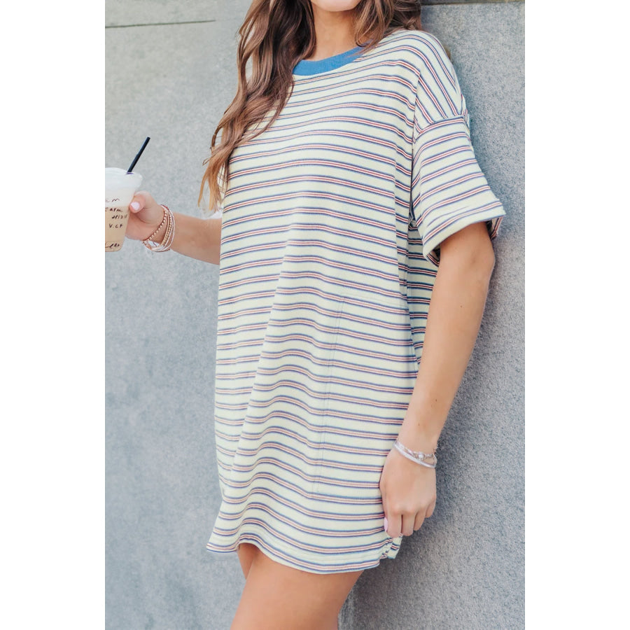 White Stripe Drop Shoulder Cuffed Sleeve Loose Tunic T Shirt Mini Dress Dresses/T Shirt Dresses