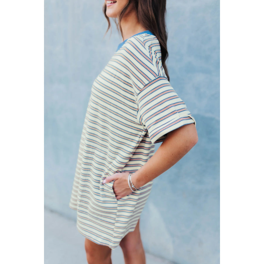 White Stripe Drop Shoulder Cuffed Sleeve Loose Tunic T Shirt Mini Dress Dresses/T Shirt Dresses