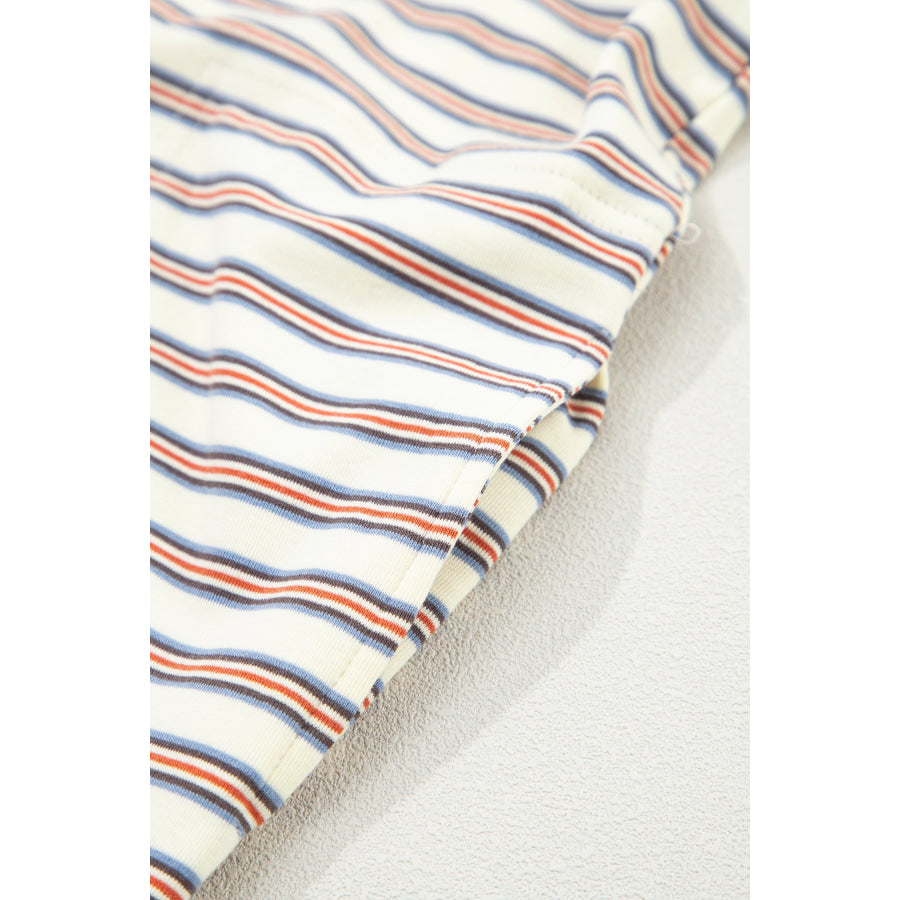 White Stripe Drop Shoulder Cuffed Sleeve Loose Tunic T Shirt Mini Dress Dresses/T Shirt Dresses