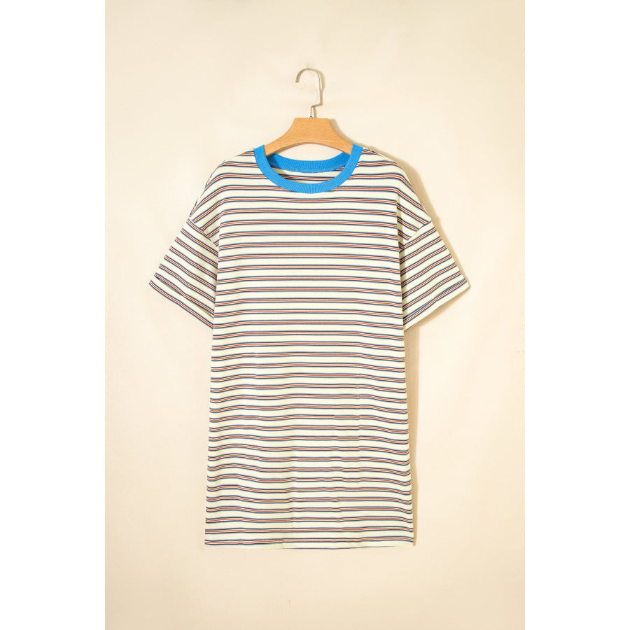 White Stripe Drop Shoulder Cuffed Sleeve Loose Tunic T Shirt Mini Dress Dresses/T Shirt Dresses