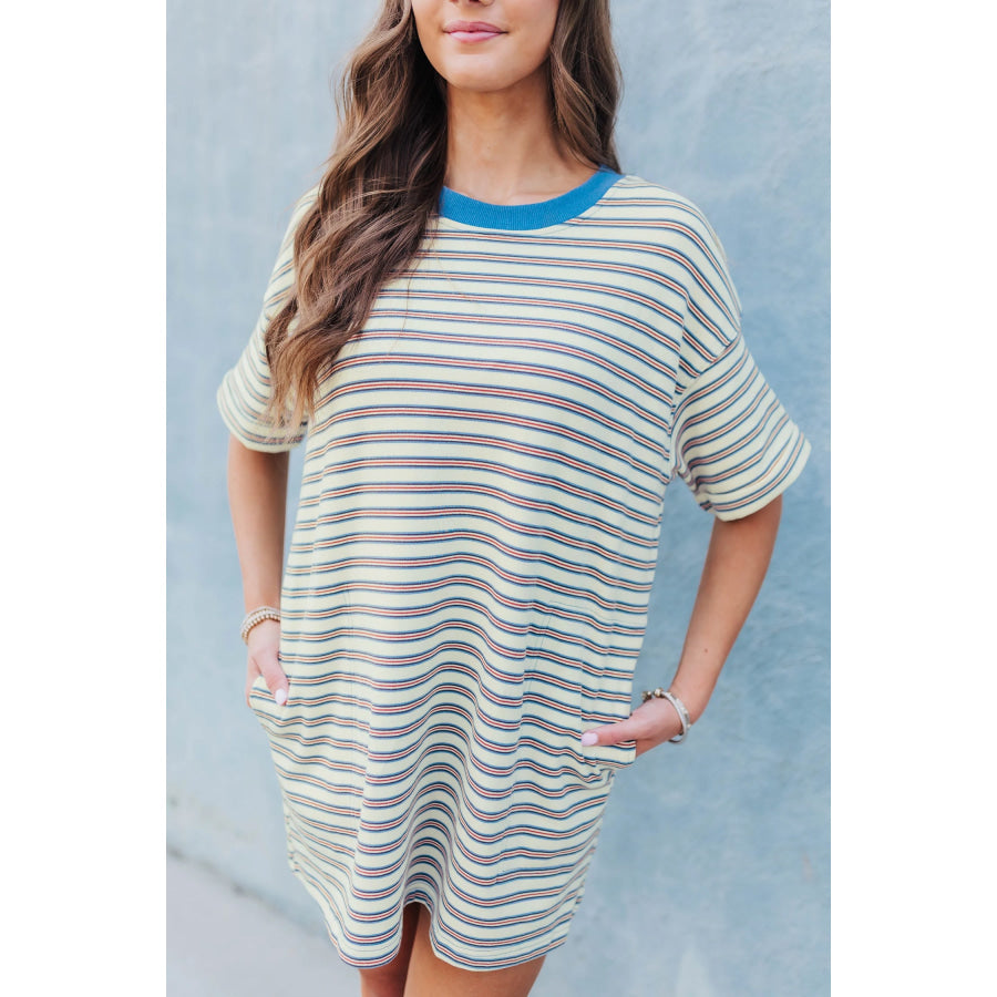 White Stripe Drop Shoulder Cuffed Sleeve Loose Tunic T Shirt Mini Dress Dresses/T Shirt Dresses
