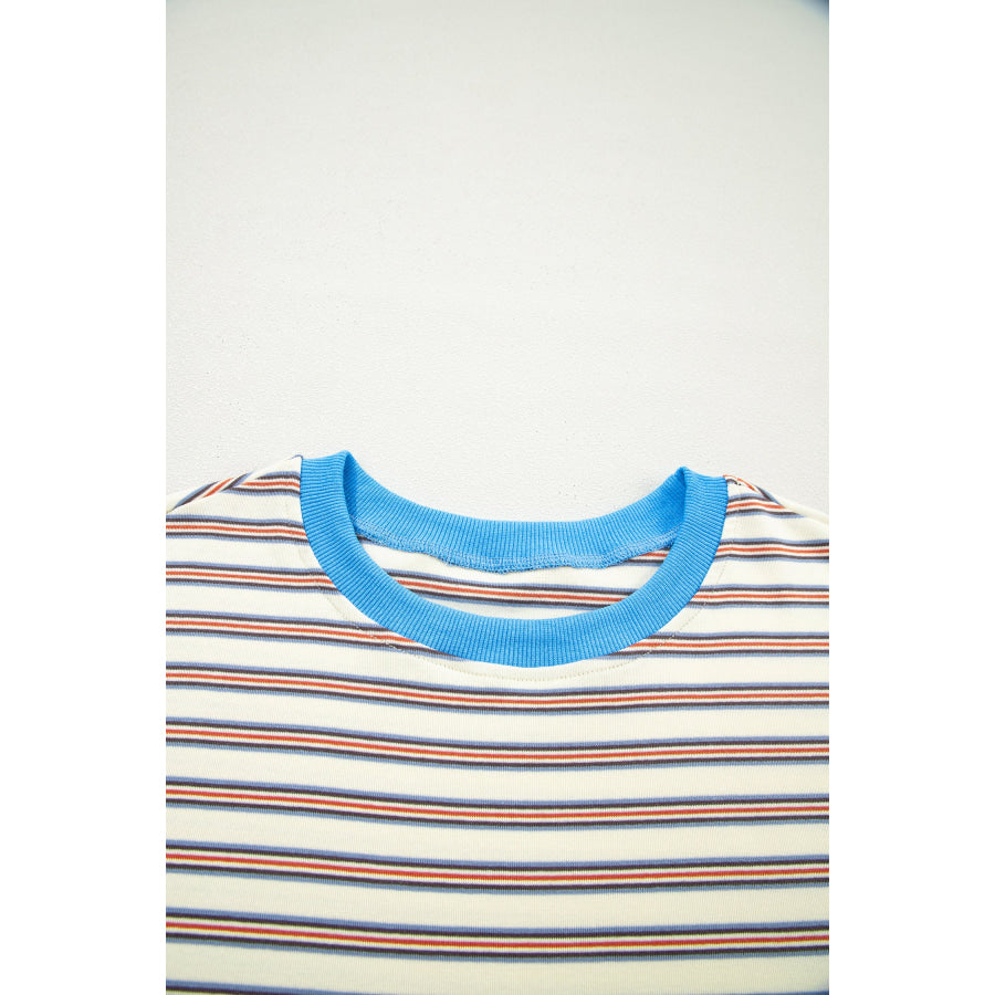 White Stripe Drop Shoulder Cuffed Sleeve Loose Tunic T Shirt Mini Dress Dresses/T Shirt Dresses