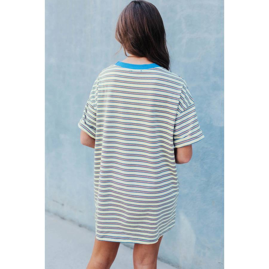 White Stripe Drop Shoulder Cuffed Sleeve Loose Tunic T Shirt Mini Dress Dresses/T Shirt Dresses