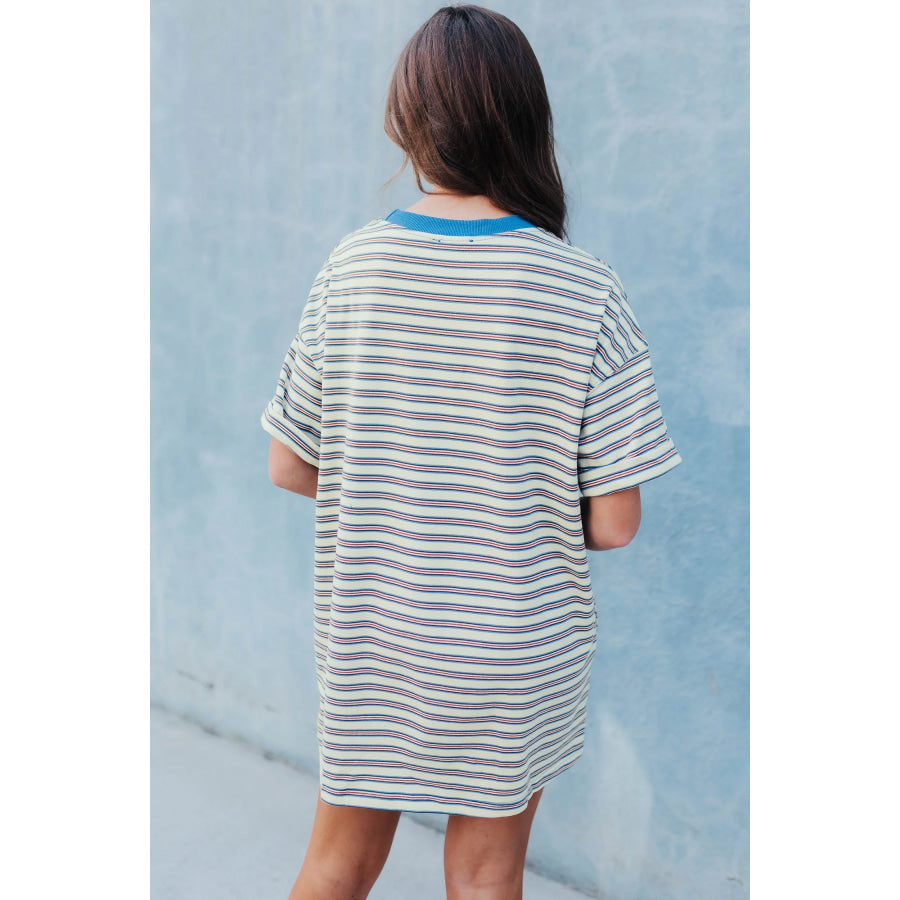 White Stripe Drop Shoulder Cuffed Sleeve Loose Tunic T Shirt Mini Dress Dresses/T Shirt Dresses