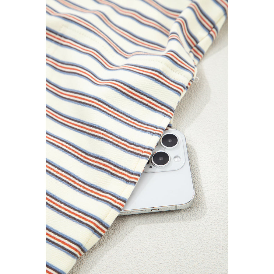 White Stripe Drop Shoulder Cuffed Sleeve Loose Tunic T Shirt Mini Dress Dresses/T Shirt Dresses