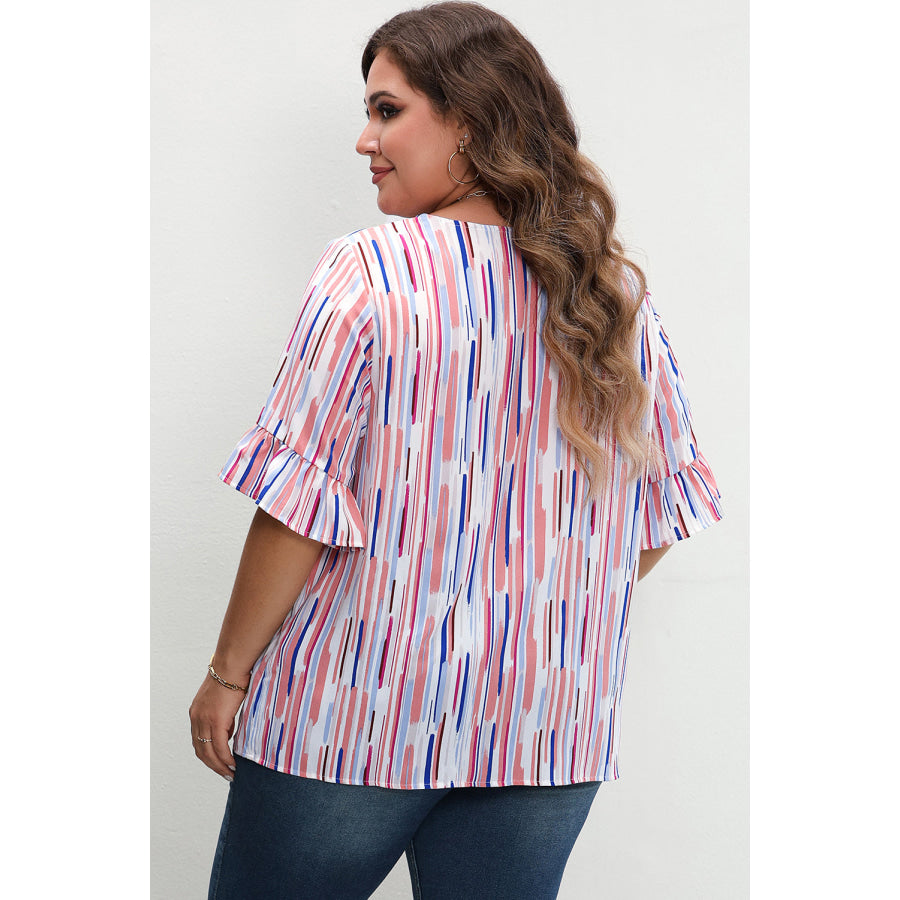 White Stripe Ruffled Short Sleeve Plus Size Blouse Plus Size/Plus Size Tops/Plus Size Blouses &amp; Shirts