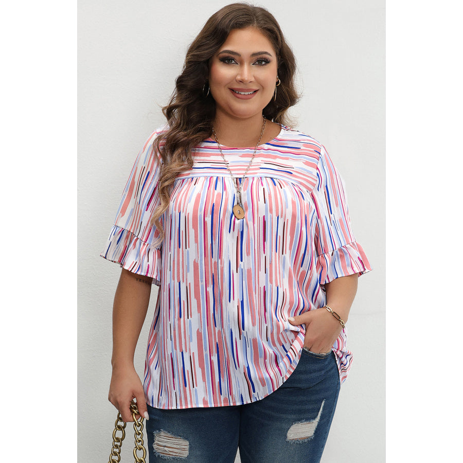 White Stripe Ruffled Short Sleeve Plus Size Blouse Plus Size/Plus Size Tops/Plus Size Blouses &amp; Shirts