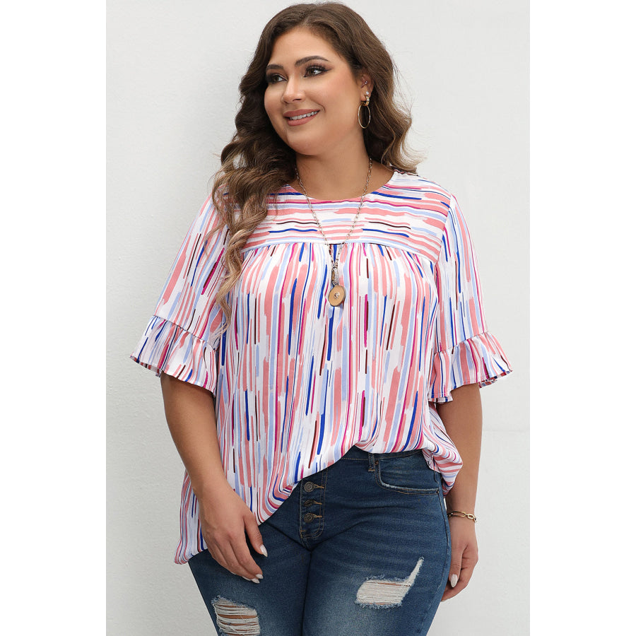 White Stripe Ruffled Short Sleeve Plus Size Blouse Plus Size/Plus Size Tops/Plus Size Blouses &amp; Shirts